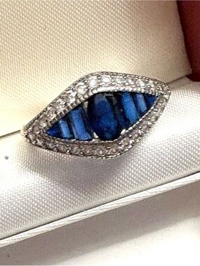 Designer EJI Sterling Silver Blue Sapphire and White CZ Ring 925 Size 7.5